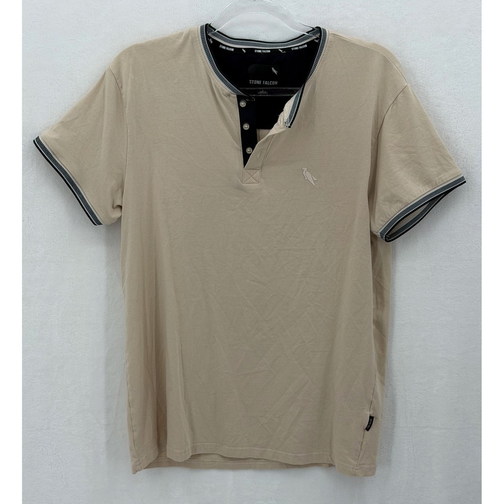 Stone‎ Falcon Shirt Mens Large Tan Henley Short Sleeve Stretch Casual Preppy